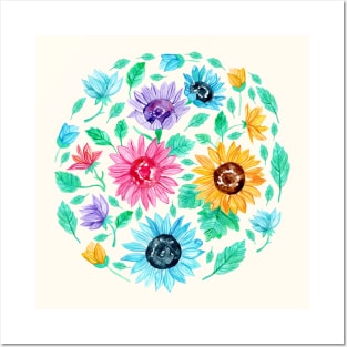 Watercolour Rainbow Sunflowers Posters and Art